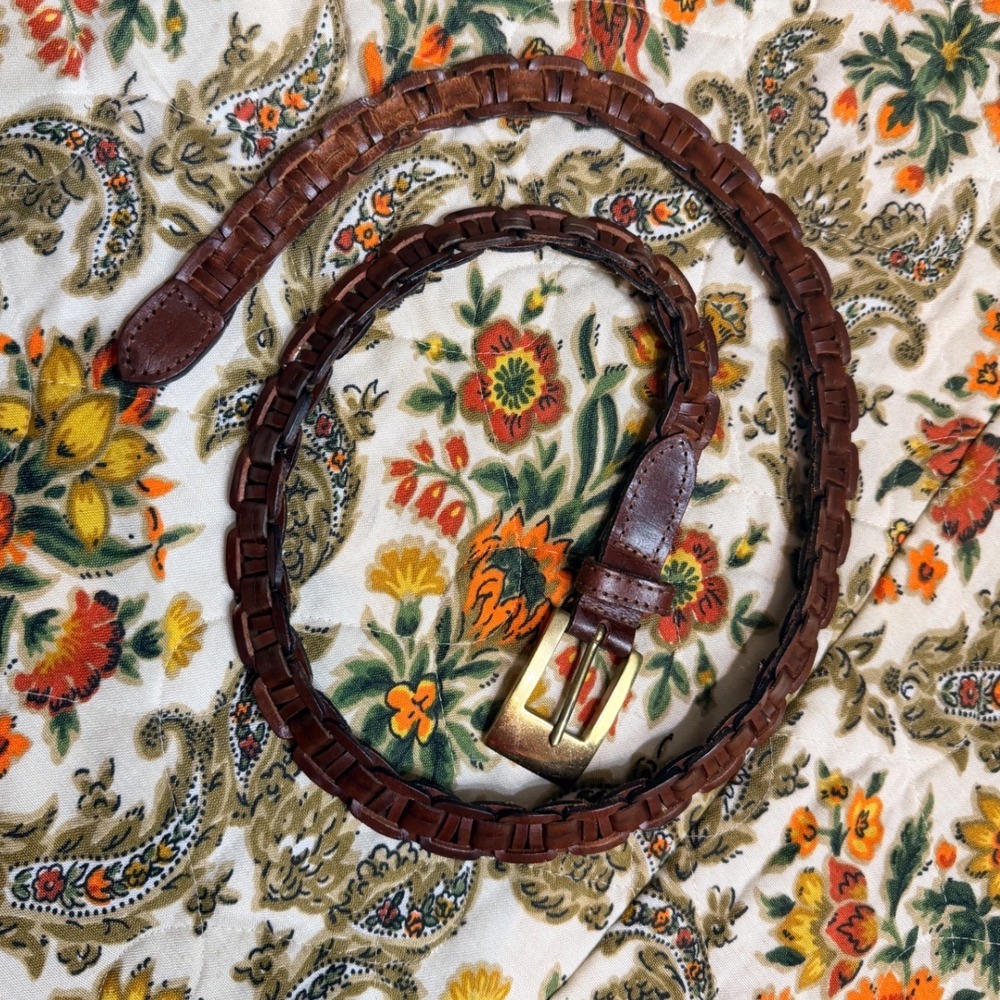 VTG Genuine Leather Brown Chain Braided Belt Brass Buckle Made in India‎